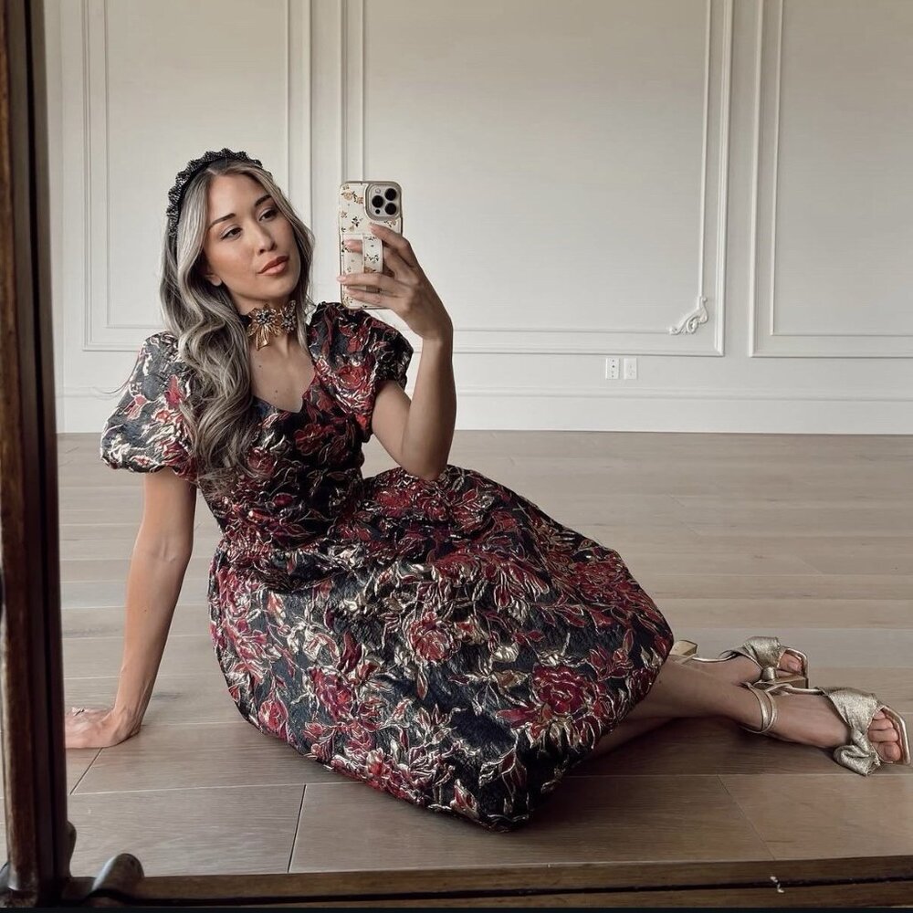 Jessakae Floral Brocade Jacquard Burgundy Gold Metallic Dress Fit & Flare XXS - Picture 9 of 10